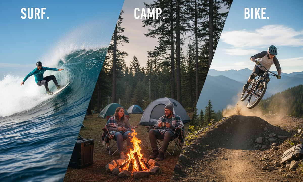 Camping Surfing Mountain Biking Banner